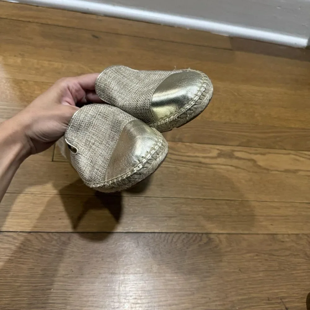 Talbots Izzy Beige Gold Linen Metallic Cap Toe Espadrille Flats Slip-On Sz 8.5 M